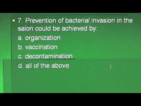 (3) COSMETOLOGY: TEST questions: sanitation, bacteriology; state board written